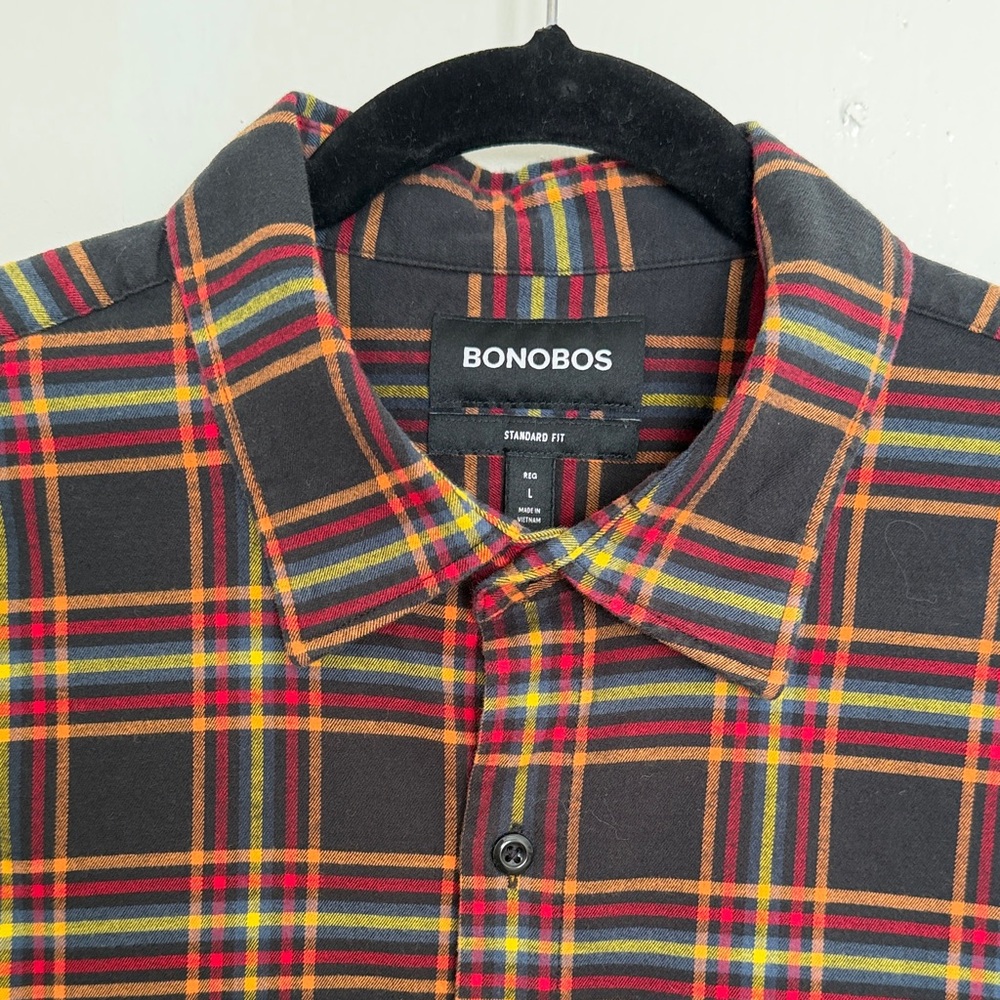 Bonobos Black Plaid Flannel Shirt with Red, Orange & Yellow Accents